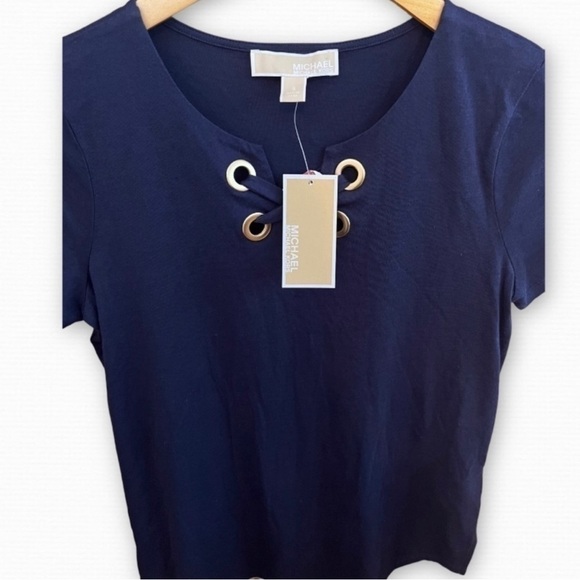 MICHAEL Kors Navy Cross Front Shirt with Gold Accents, Size Small- NWT - Picture 6 of 8